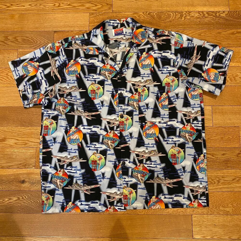 D'em Crazy Button Down Camp Short Sleeve Planes Pin Up Girls Made in USA